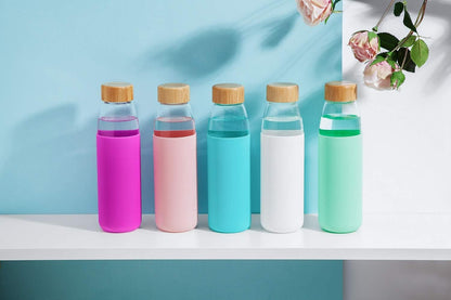 EcoSip 18oz Glass Water Bottle with Bamboo Lid & Silicone Sleeve