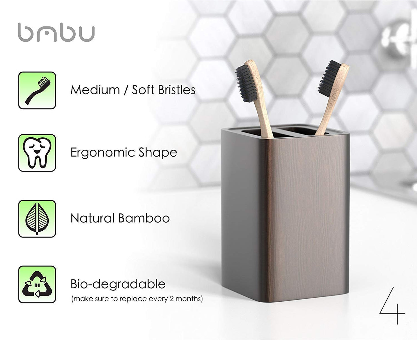 bmbu Bamboo Toothbrush 4-Pack Charcoal Bristles